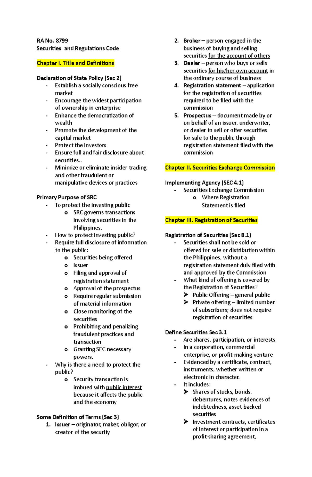 Securities and Regulations Code Notes - Regulatory Framework and Legal ...