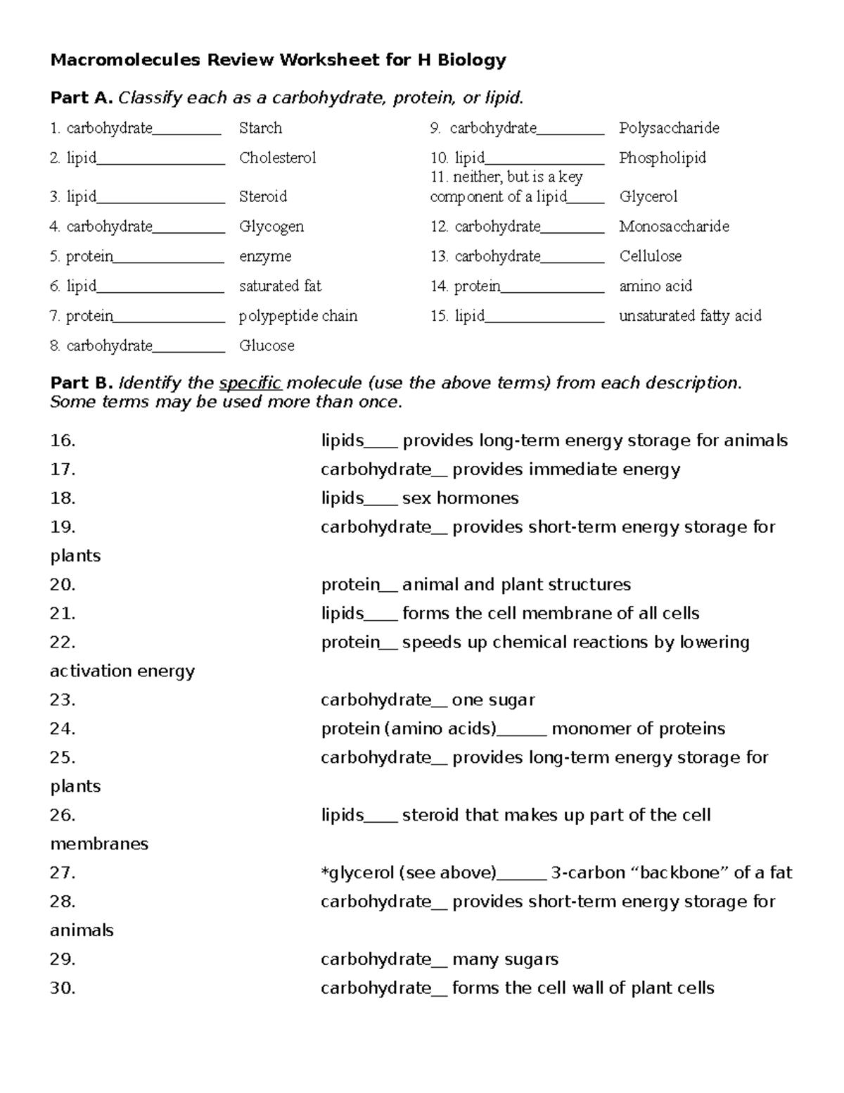 Marocmolecule review worksheet - answer key - Macromolecules Review  Worksheet for H Biology Part A. - Studocu