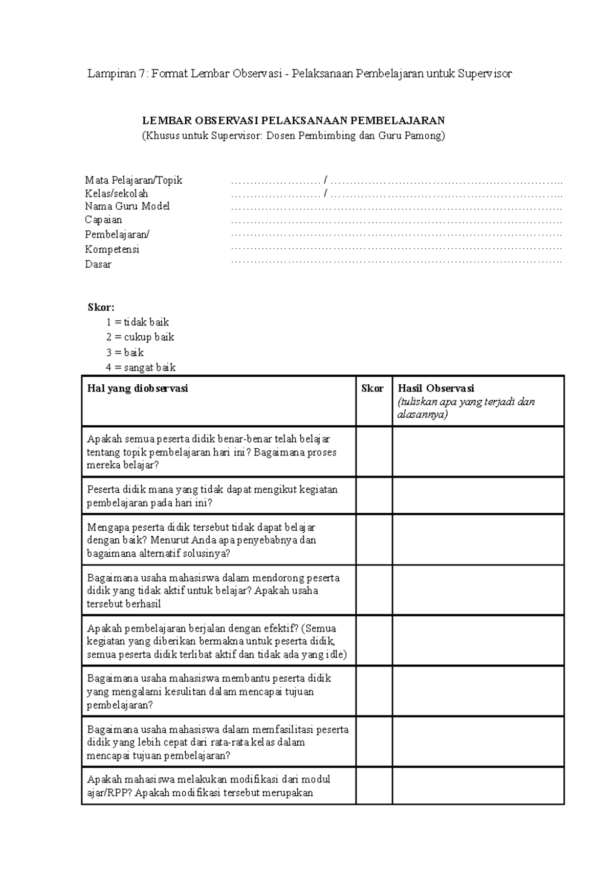 Lampiran 7 - Format Lembar Observasi Pelaksanaan Pembelajaran Untuk ...