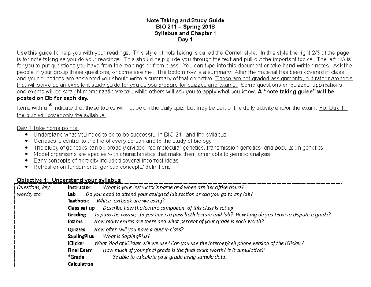 Note Taking Guide Day1 - Lecture notes 1 - Note Taking and Study Guide ...