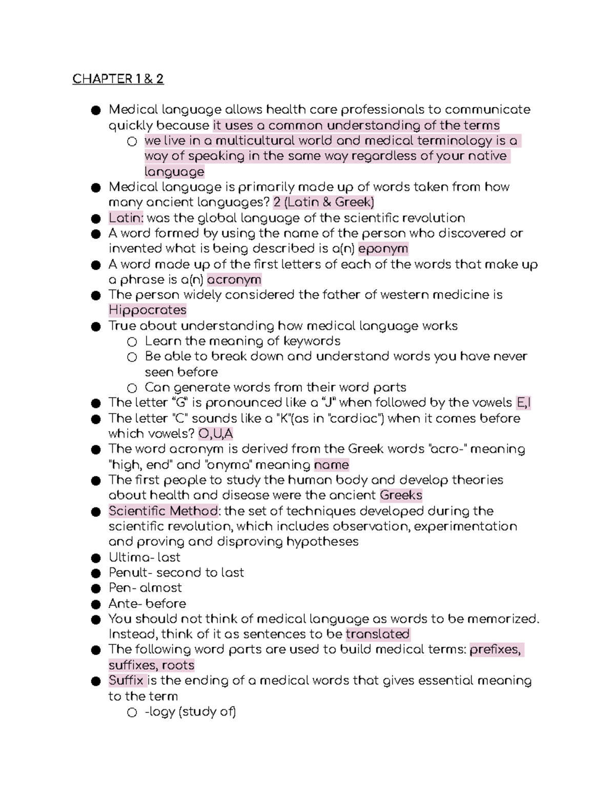 Medical Terminology CHAPTER 1 & 2 Medical language allows health care professionals to Studocu