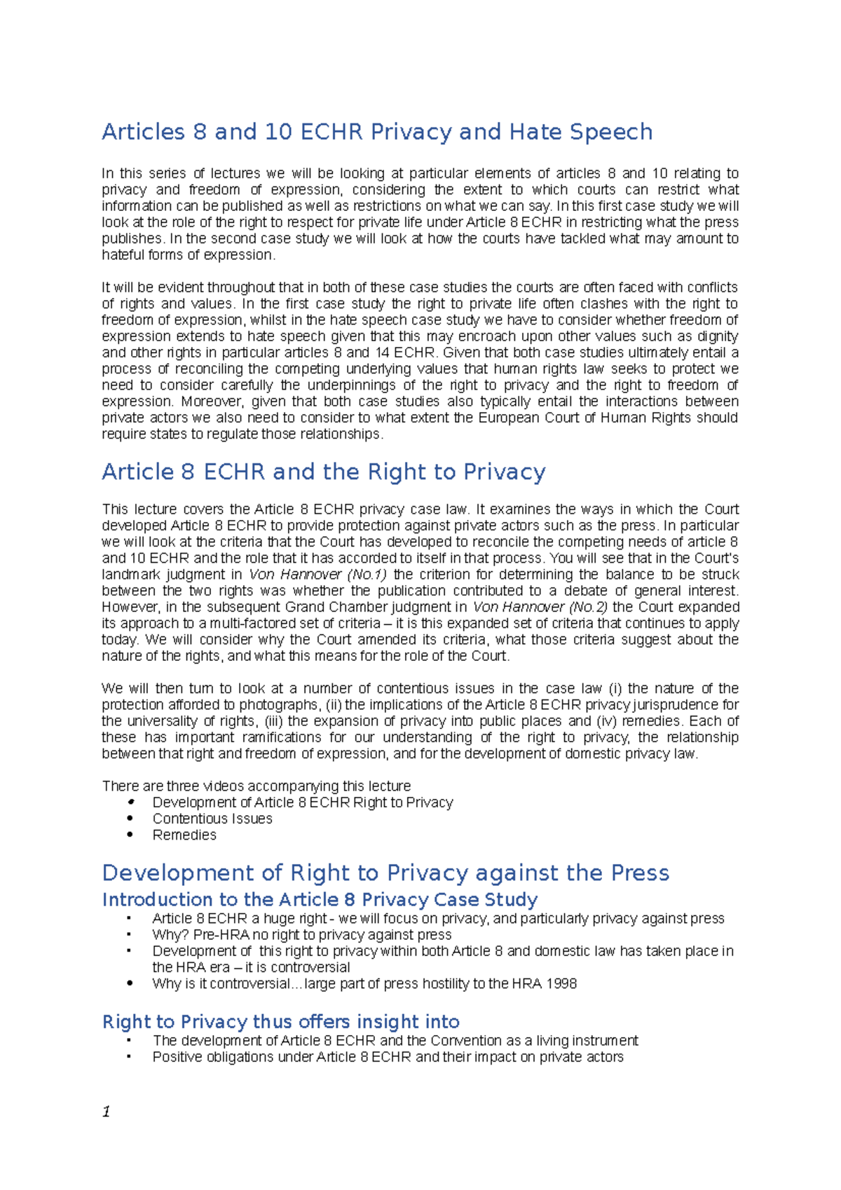 HRL28 Privacy lecture notes Articles 8 and 10 ECHR Privacy and Hate