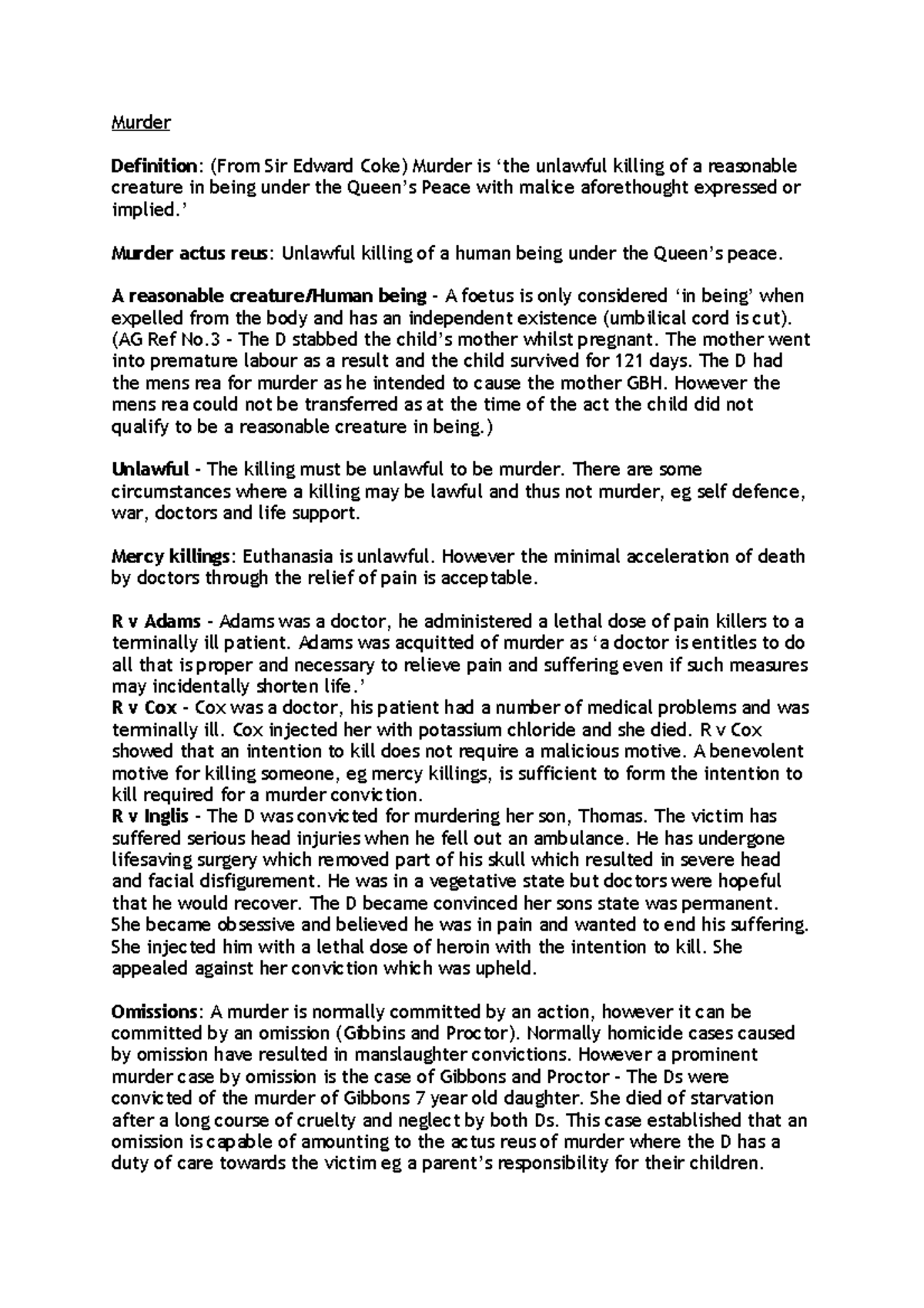 Murder - Definition, Actus Reus and Mens Rea, Intention, Unlawful ...