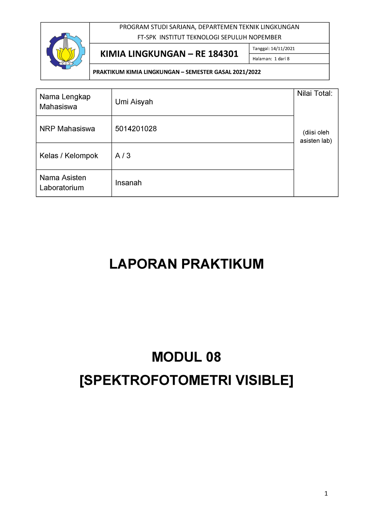 Laporan Praktikum Kimia Lingkungan Spektrofotometri Visible - FT-SPK ...