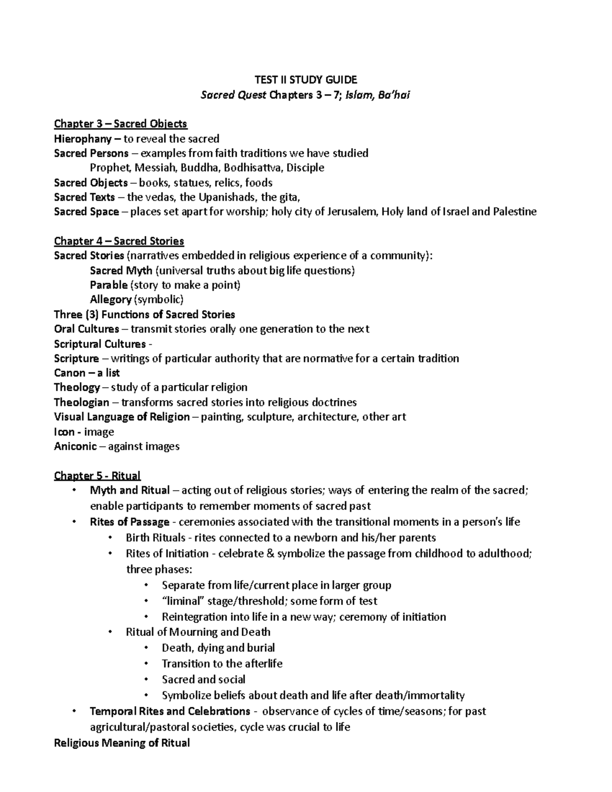 Test 2 Study Guide - Jan Hatcher - TEST II STUDY GUIDE Sacred Quest ...