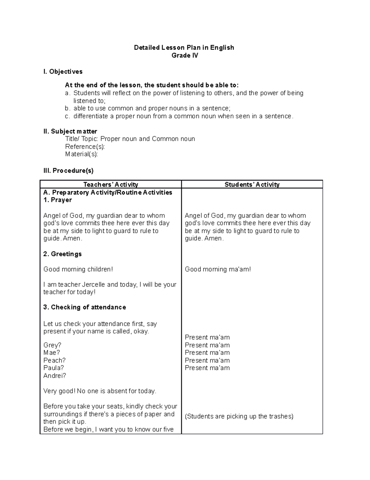Lesson plan (english) - Detailed Lesson Plan in English Grade IV I ...