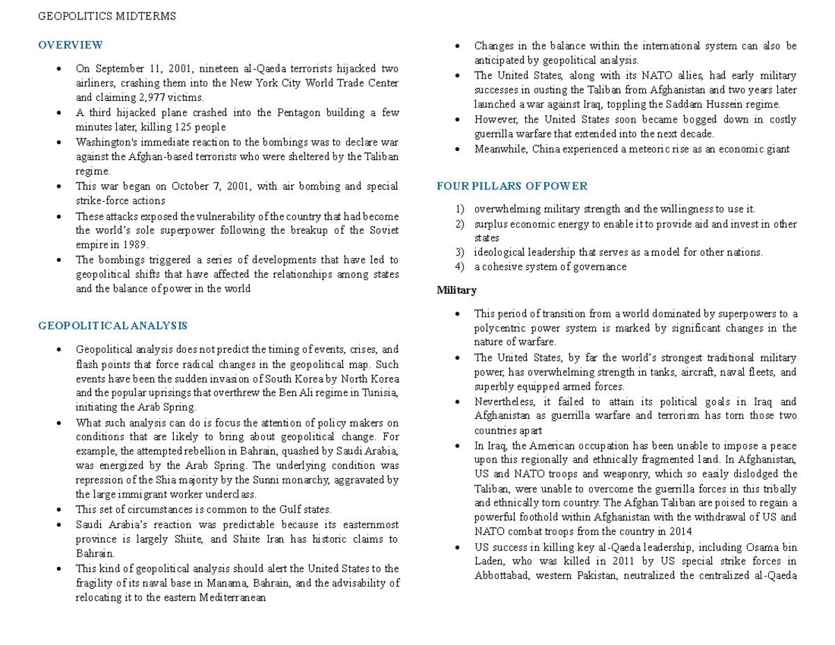 Geopol Midterms - OVERVIEW On September 11, 2001, nineteen al-Qaeda ...