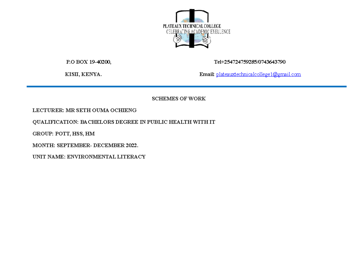 Environmental lit easy lecture notes by Mr. Joseph Juma P BOX 1940200, Tel+254724759285