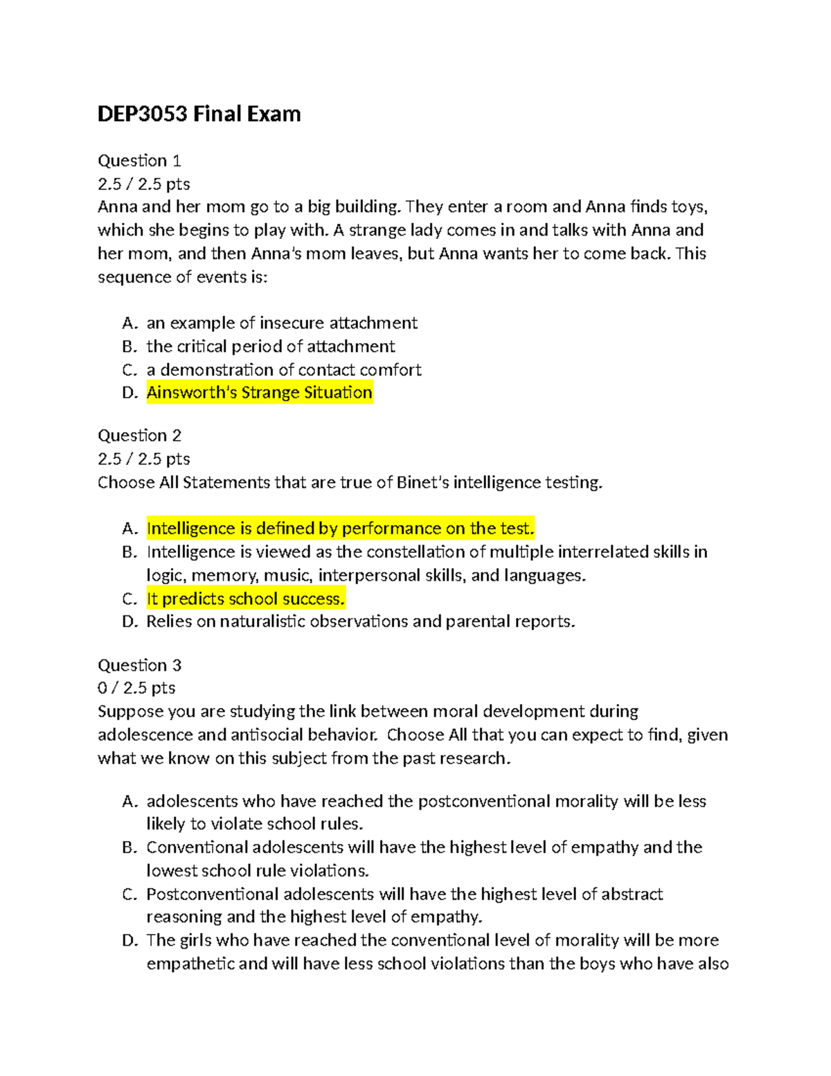 DEP 3053 Final Exam - DEP3053 Final Exam Question 1 2 / 2 Pts Anna And ...