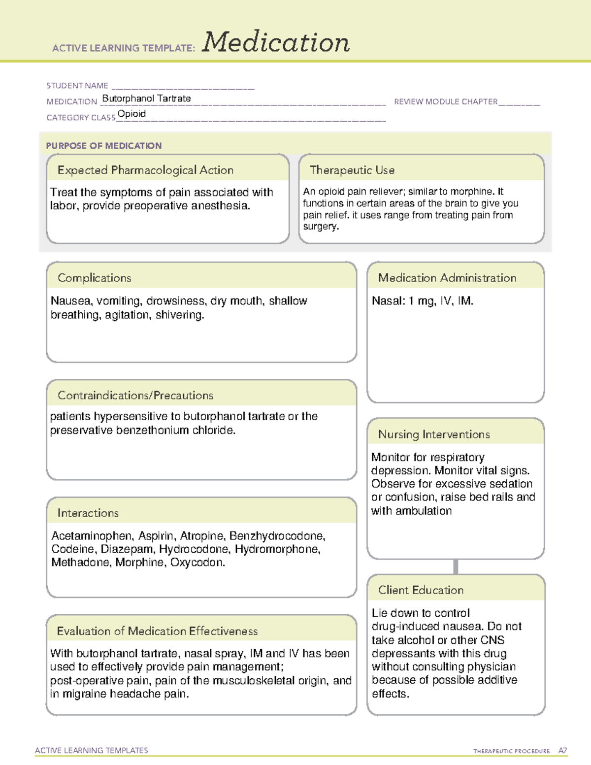 Butorphanol Tartrate- Drug Card U - ACTIVE LEARNING TEMPLATES ...