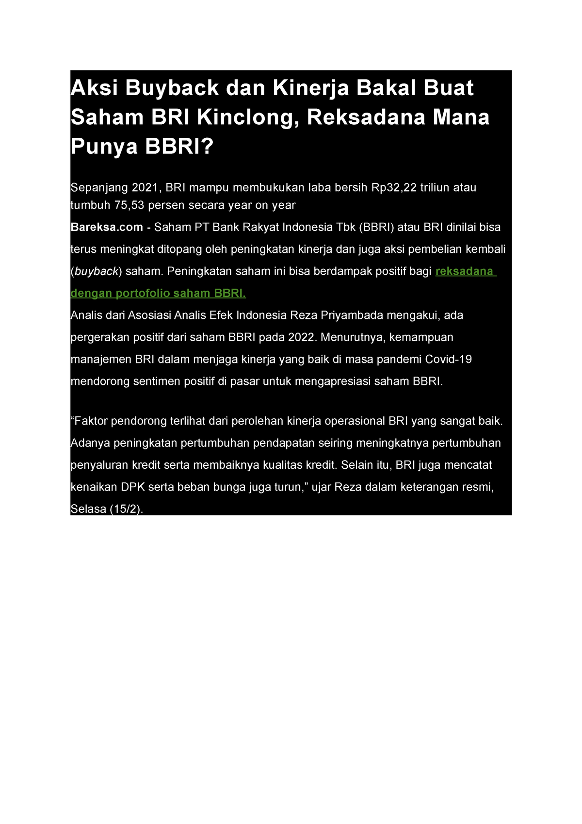 Aksi Buyback Dan Kinerja Bakal Buat Saham BRI Kinclong - Aksi Buyback ...