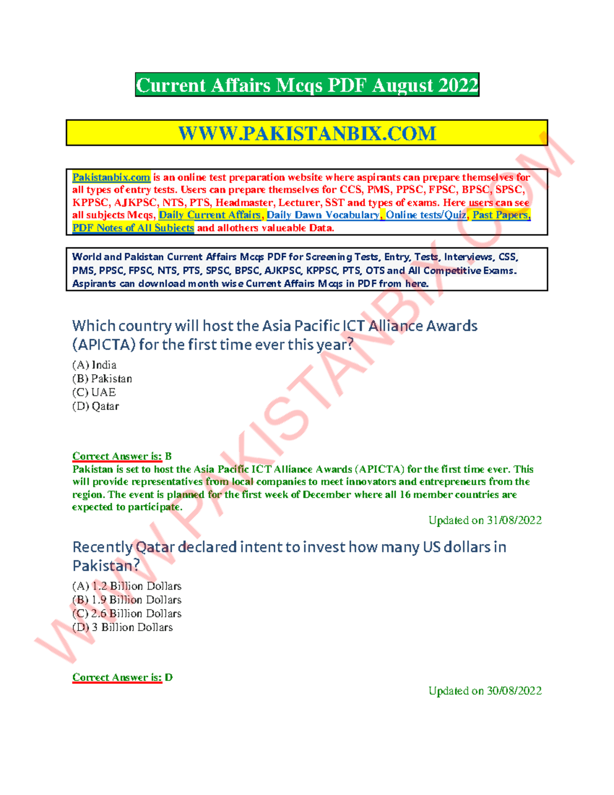 Current Affairs August 2022 PDF Free Download - Current Affairs Mcqs ...