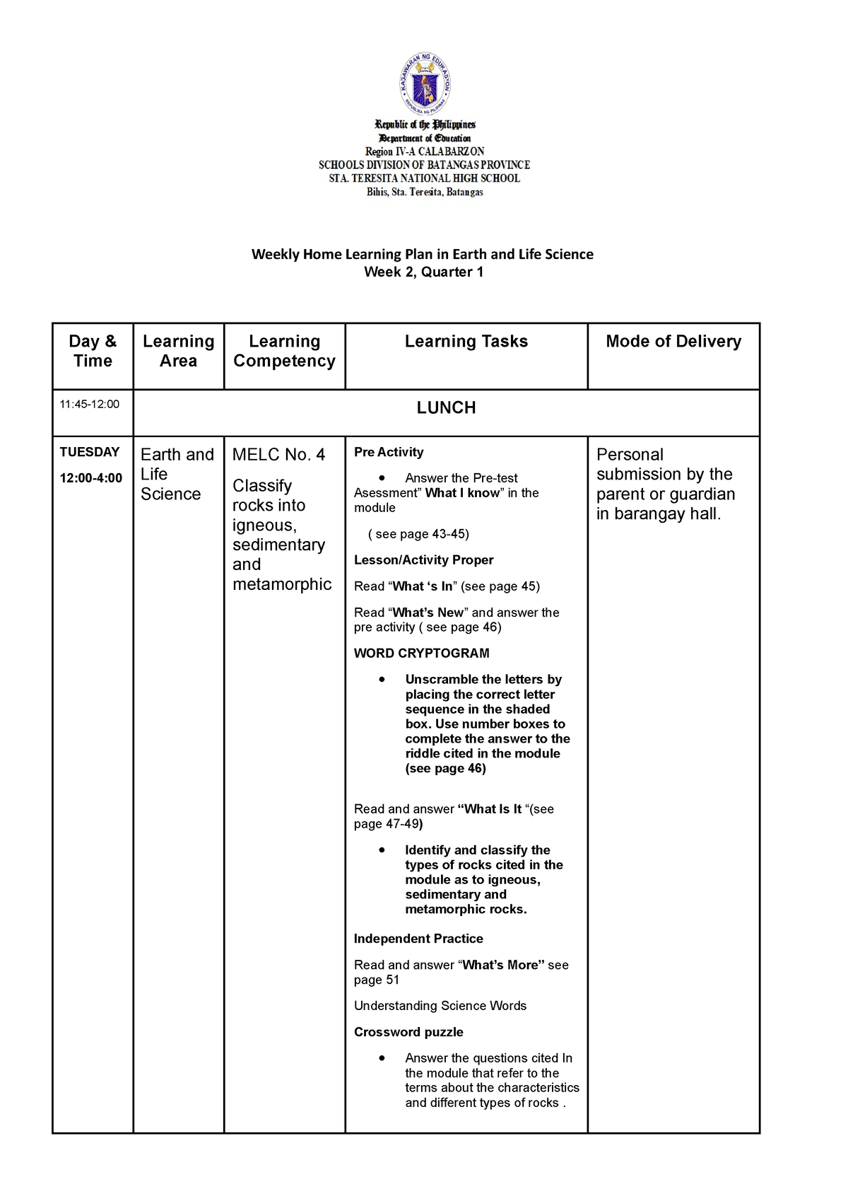 WHLP Q1 WEEK2 Earth AND LIFE Science Weekly Home Learning Plan In 