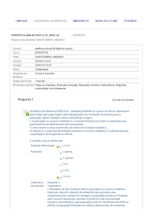 Estatistica - Questionário Unidade II - Usuário Manoel @aluno.unip ...