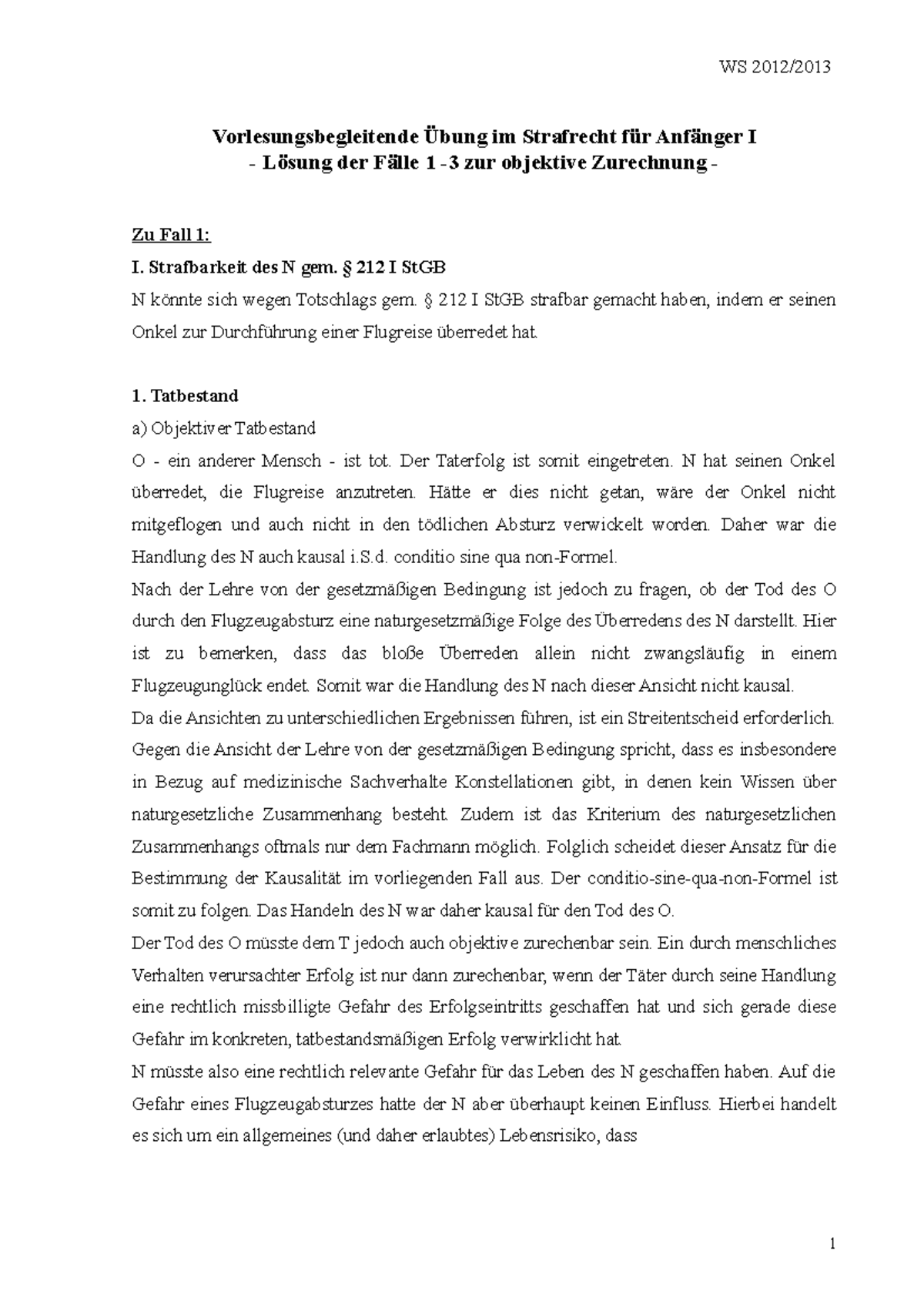 Lösungen Fälle 1-5 - WS Vorlesungsbegleitende im Strafrecht I der 1 zur ...