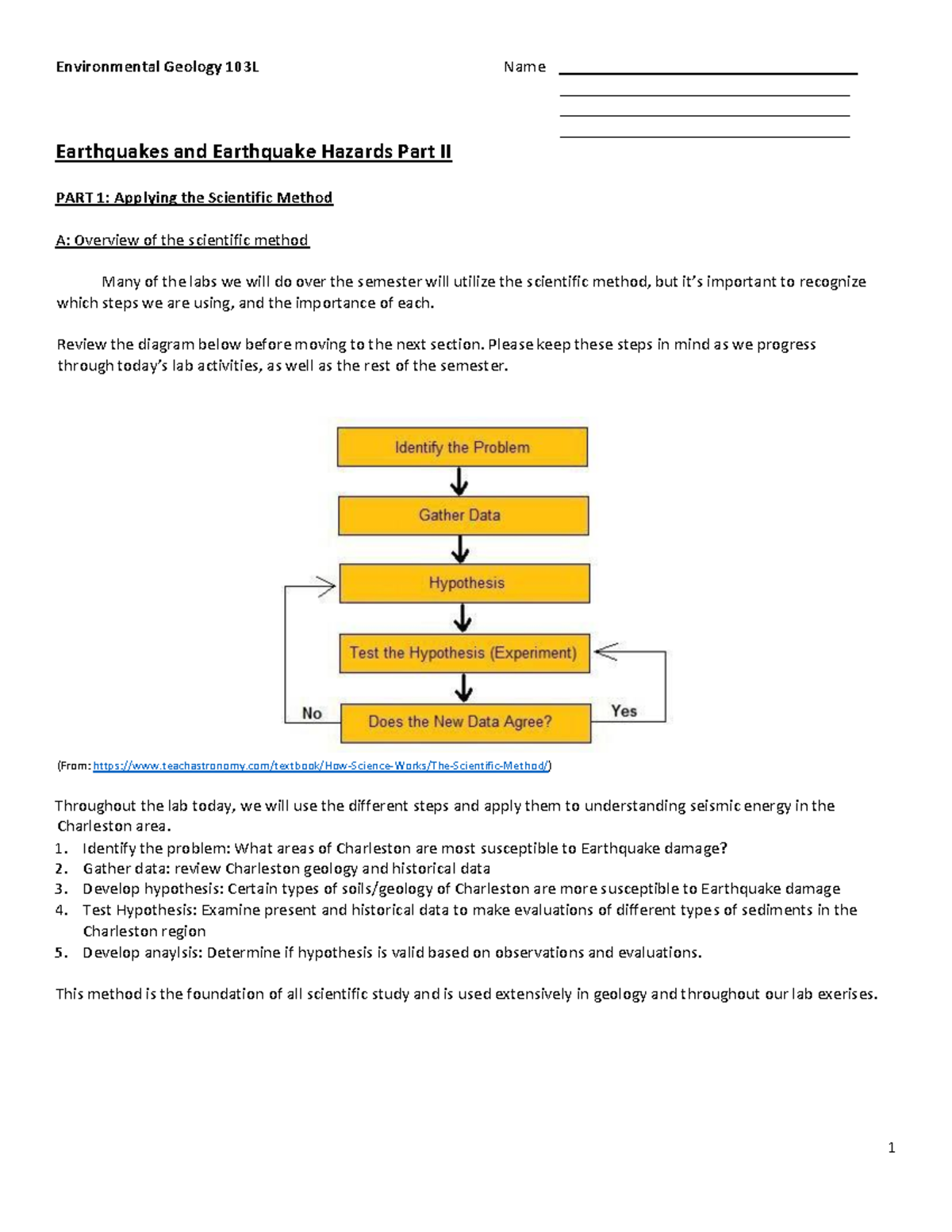 Lab EQ Walking Tour - Lab information - Environmental Geology 103L Name ...