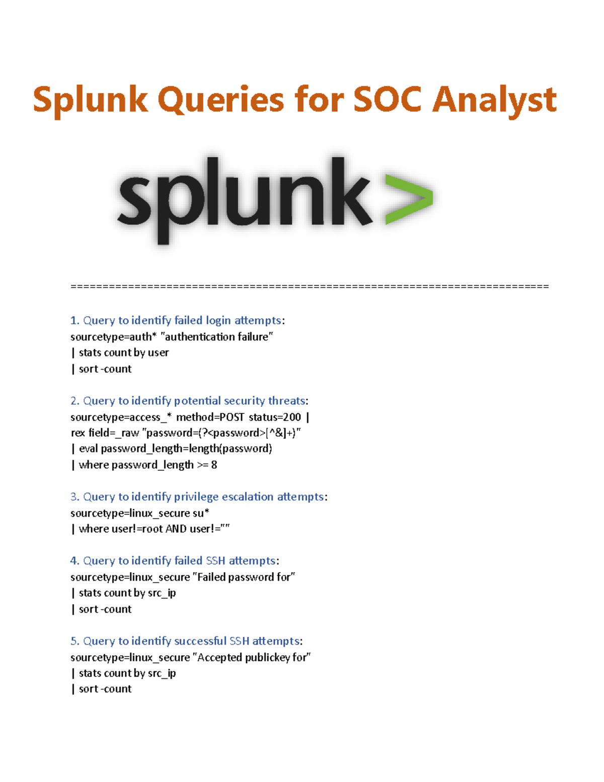 Splunk Queries for SOC Analyst Splunk Queries for SOC Analyst Studocu