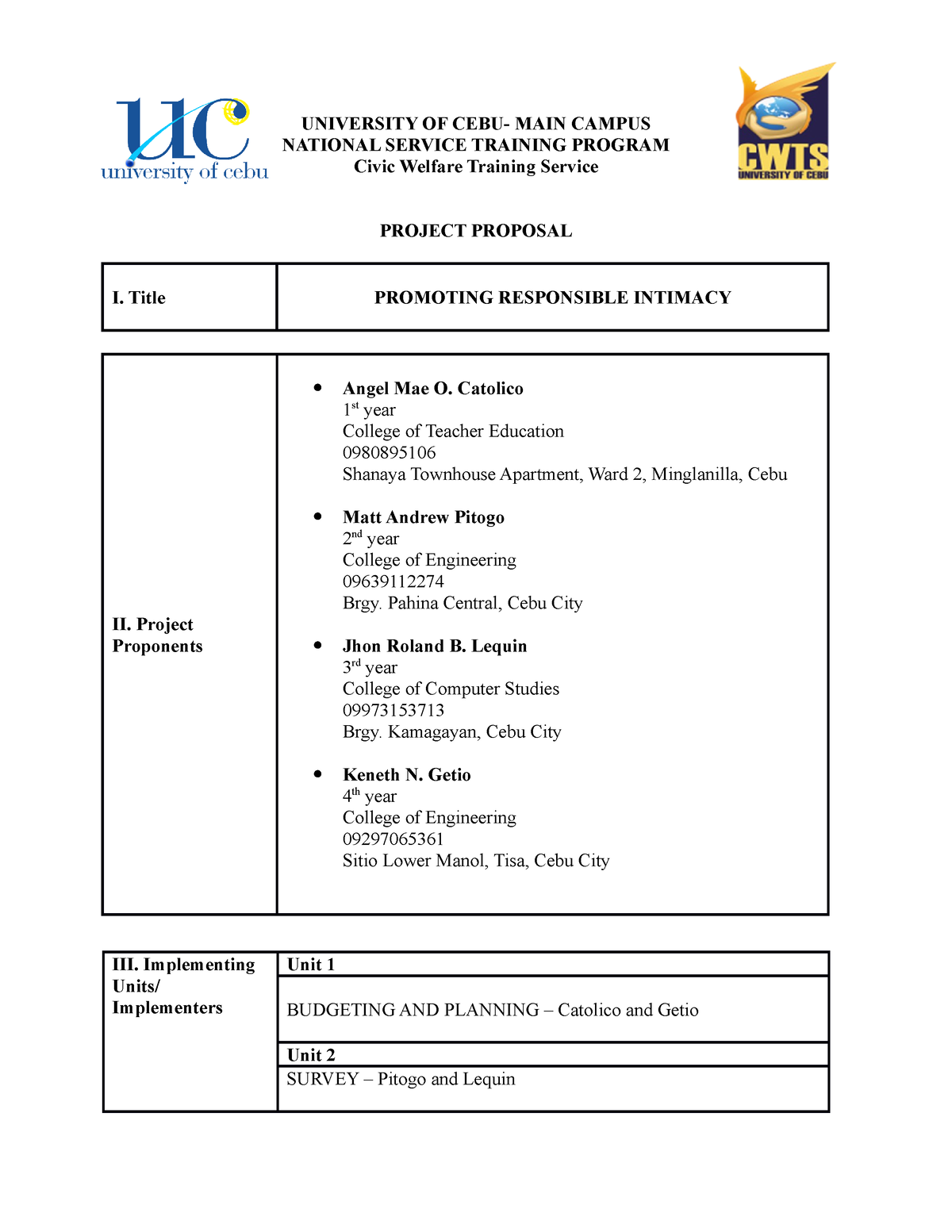 NSTP 2 - Makatao 1 Project Proposal - UNIVERSITY OF CEBU- MAIN CAMPUS ...