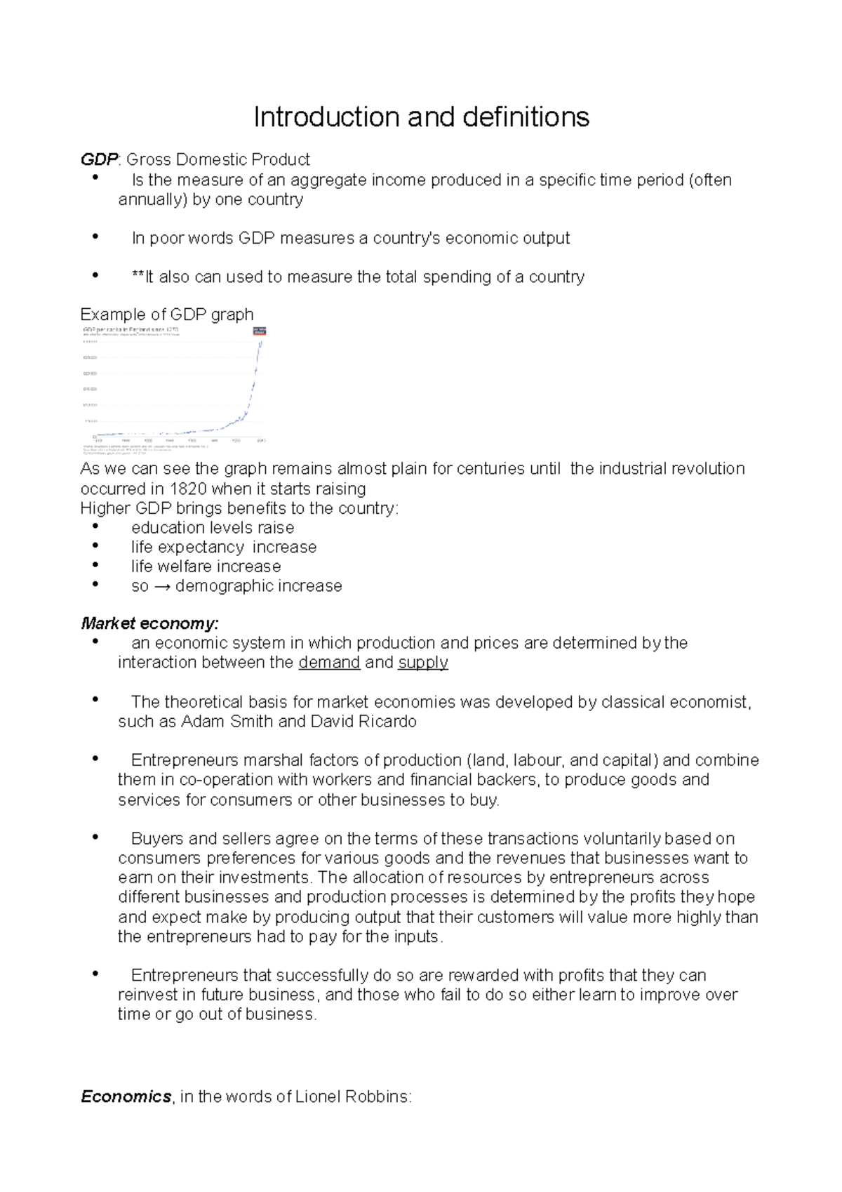 Micro - Introduction and definitions GDP: Gross Domestic Product Is the ...