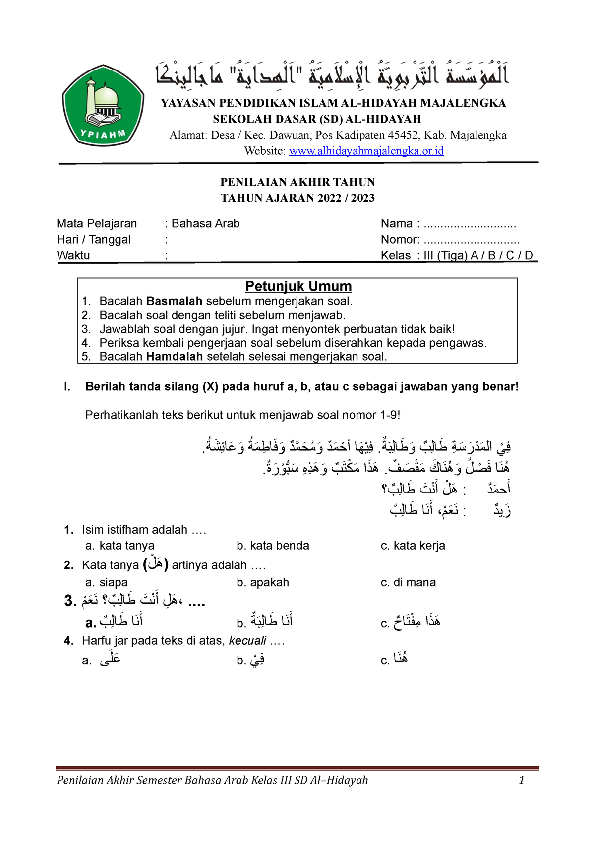 PAT B Arab Kelas 3 - Its An Exam - YAYASAN PENDIDIKAN ISLAM AL-HIDAYAH ...