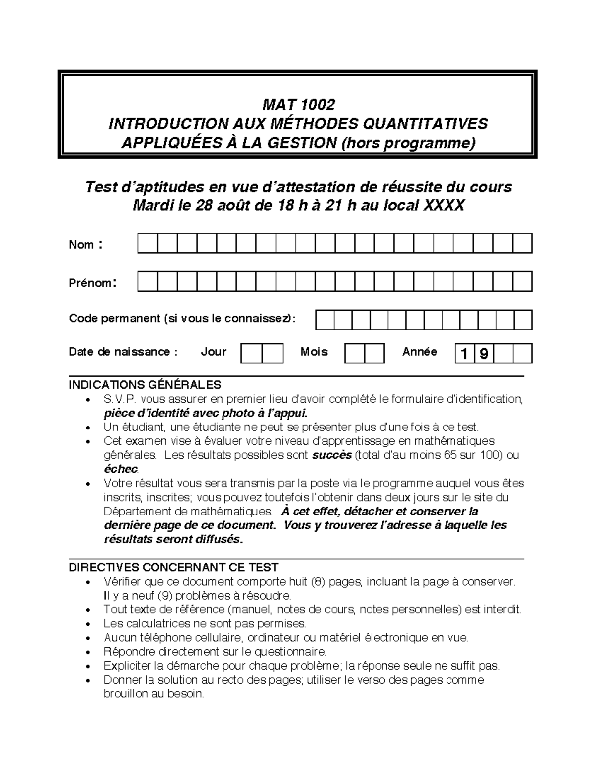 Exemple de test solutions au test d'équivalence MAT1002 MAT 1002 INTRODUCTION AUX MÉTHODES