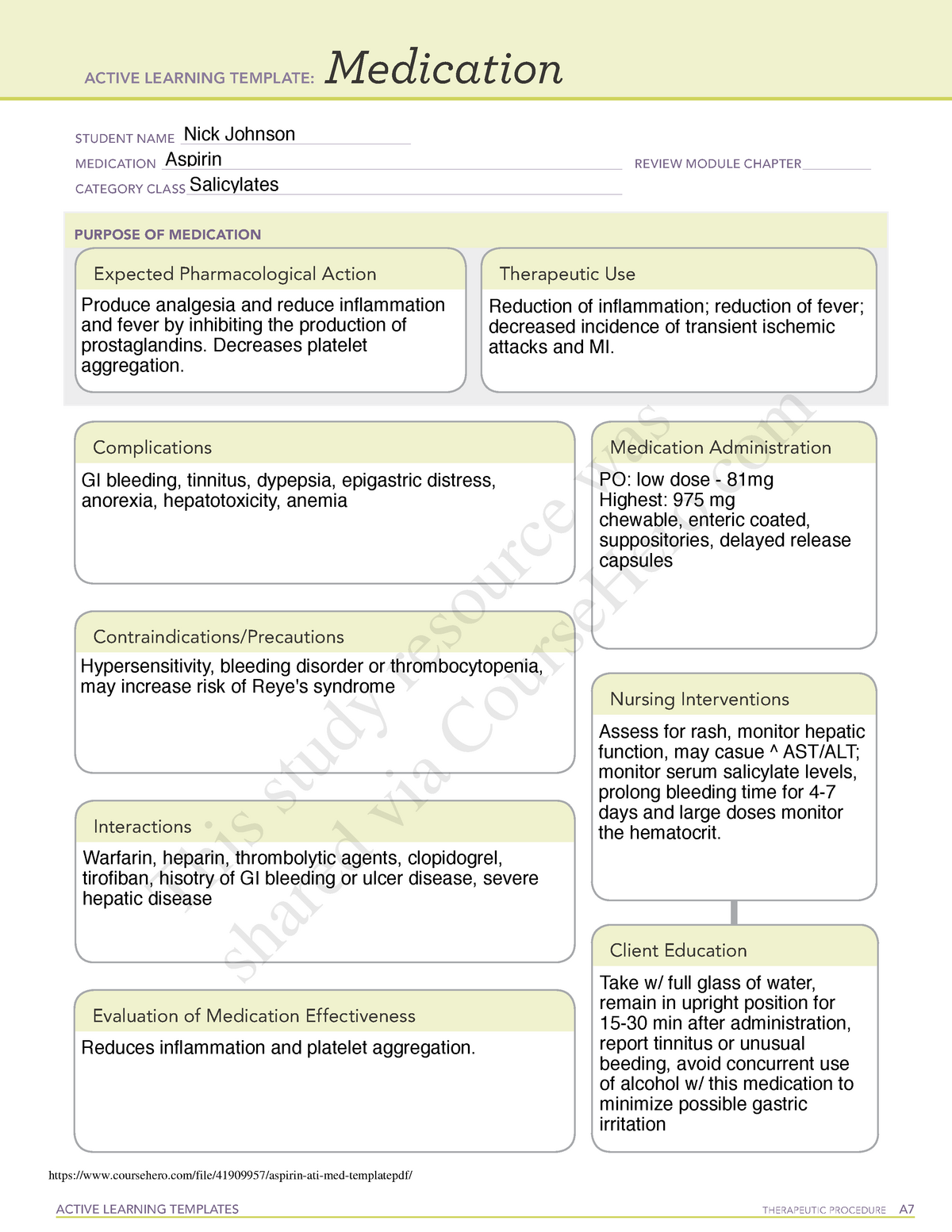 Aspirin ati med template ACTIVE LEARNING TEMPLATES THERAPEUTIC