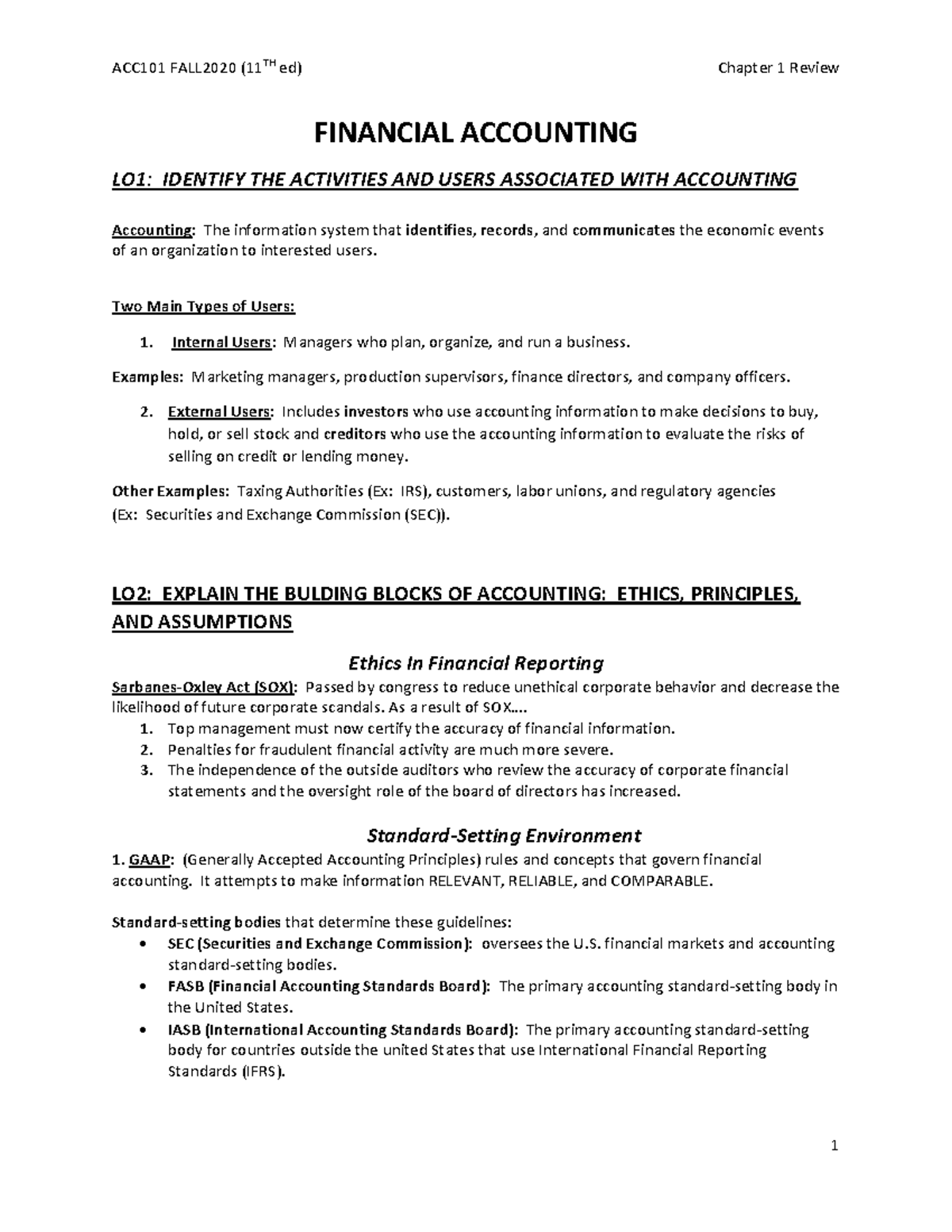 Chapter 1 Review Updated 11th ed - FINANCIAL ACCOUNTING LO1: IDENTIFY ...