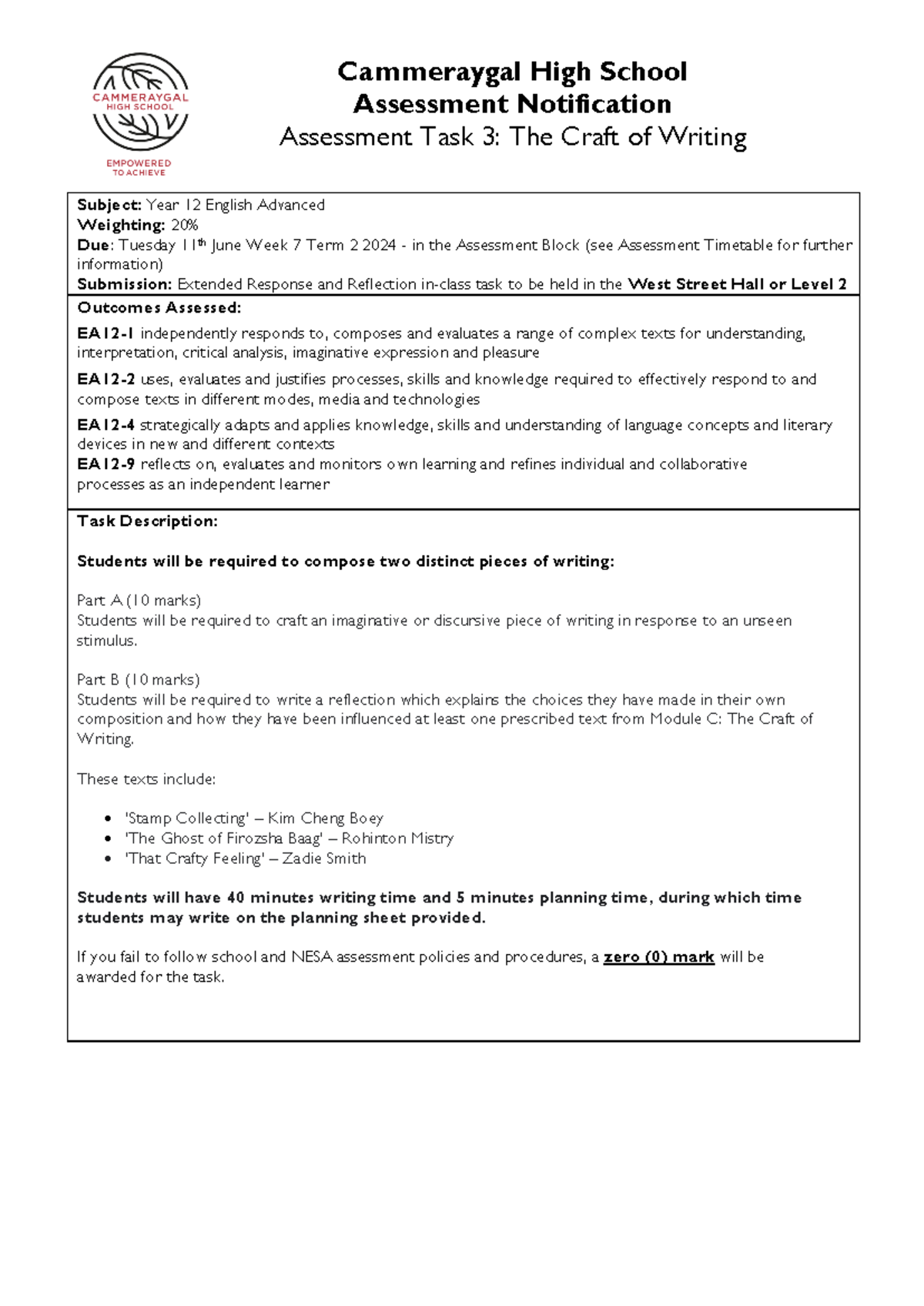 2024 At3 Notification - ... - Cammeraygal High School Assessment ...