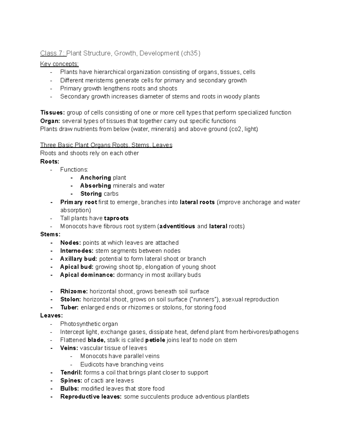 Plant Structure, Growth, Development (ch35) - Studocu