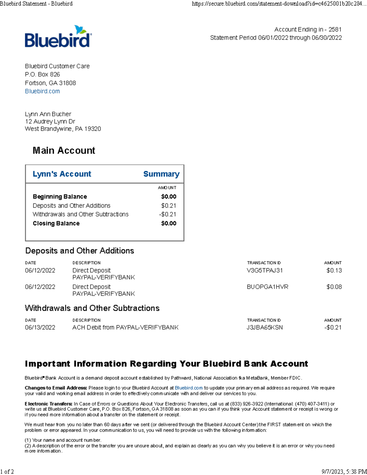 Bluebird Statement Bluebird Bluebird Customer Care P. Box 826