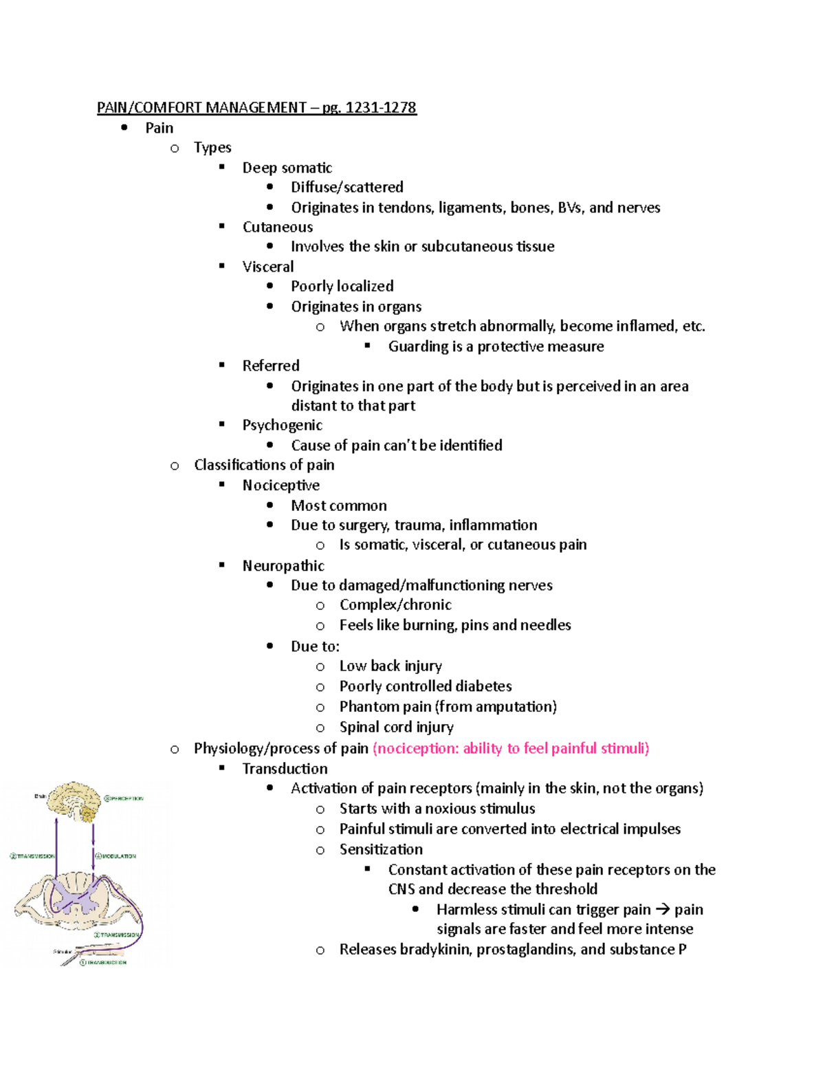 Pain - see title - PAIN/COMFORT MANAGEMENT – pg. 1231- Pain o Types ...