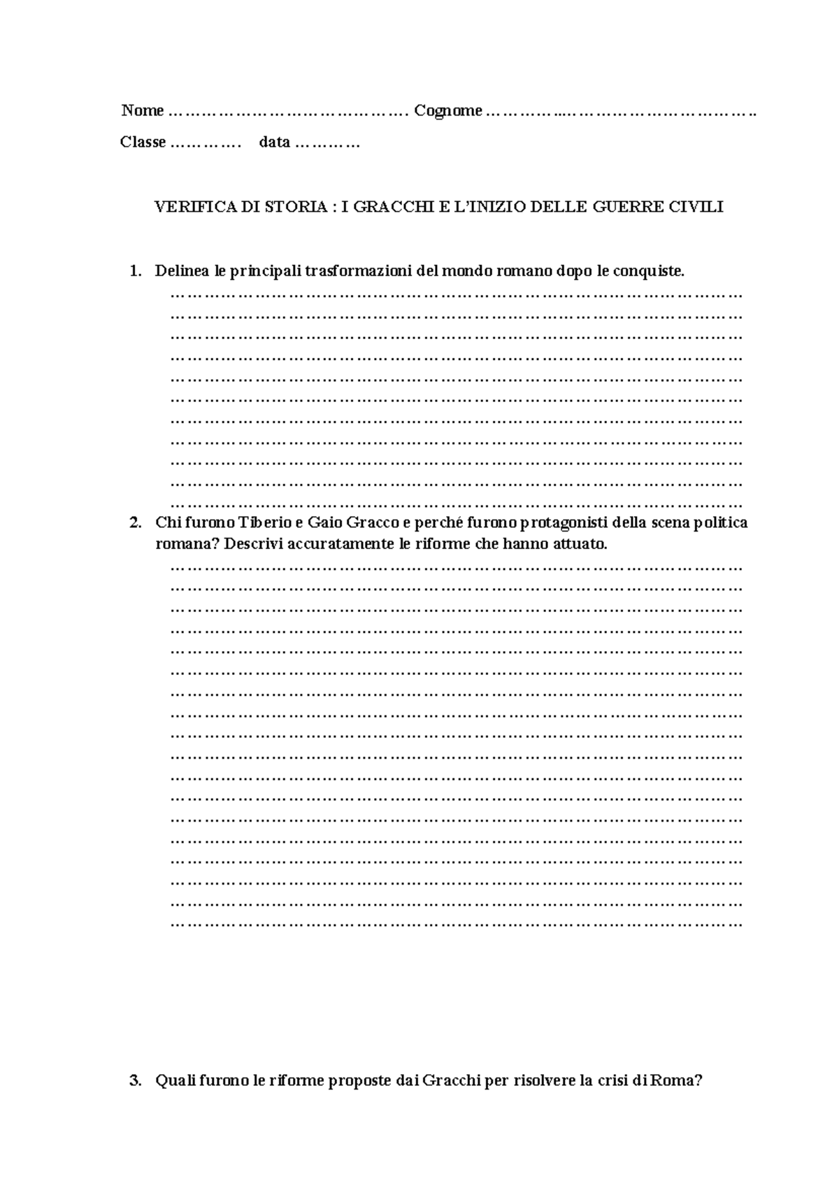 Verifica DI Storia Prima Liceo - Nome ...