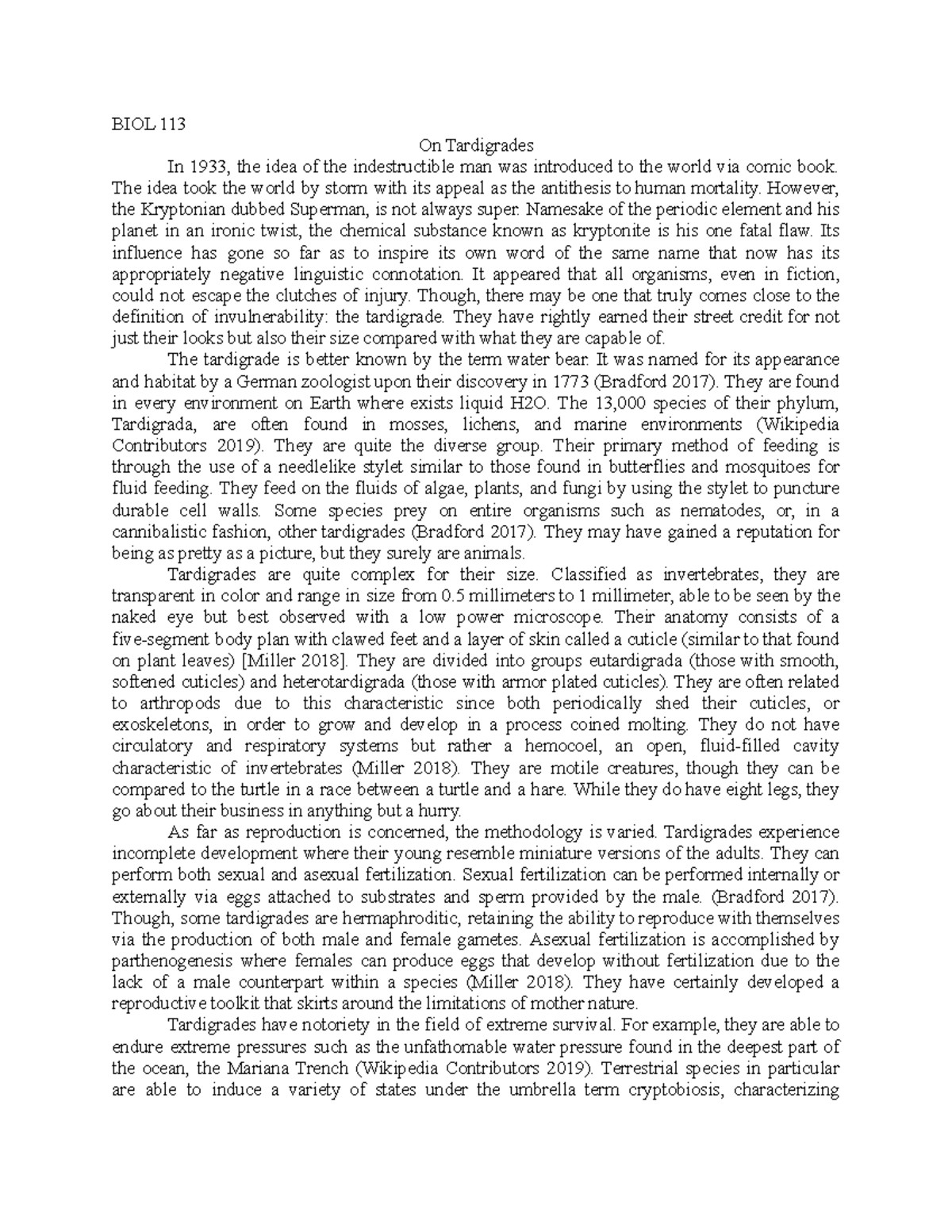 BIOL113 Essay 3 Tardigrades - BIOL 113 On Tardigrades In 1933, The Idea ...