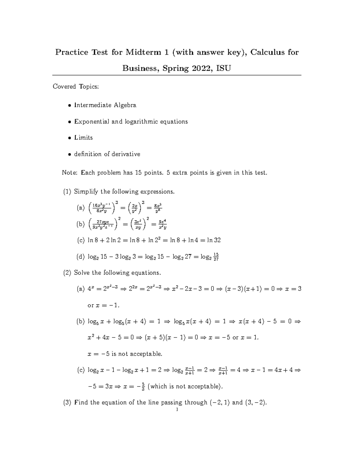 Midterm 1 - Limits and derivative - Practice Test for Midterm 1 (with ...