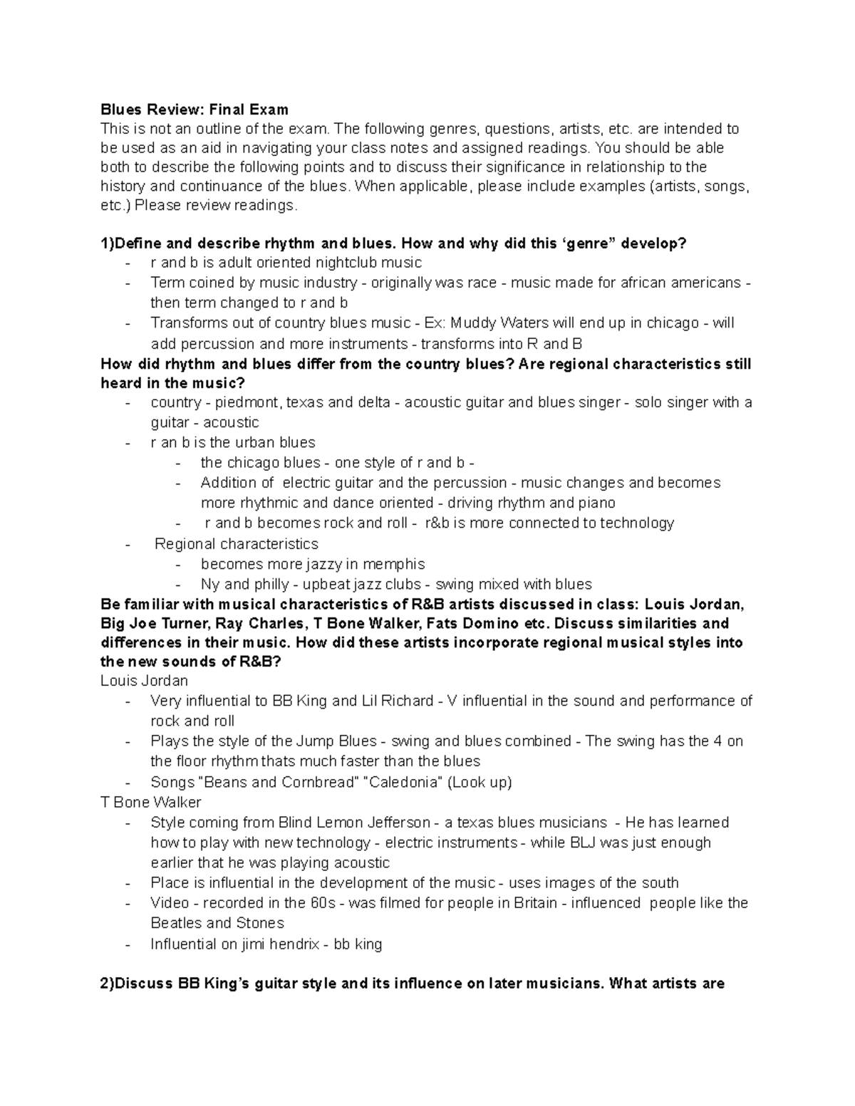 Review for Final Exam - Blues Review: Final Exam This is not an outline ...
