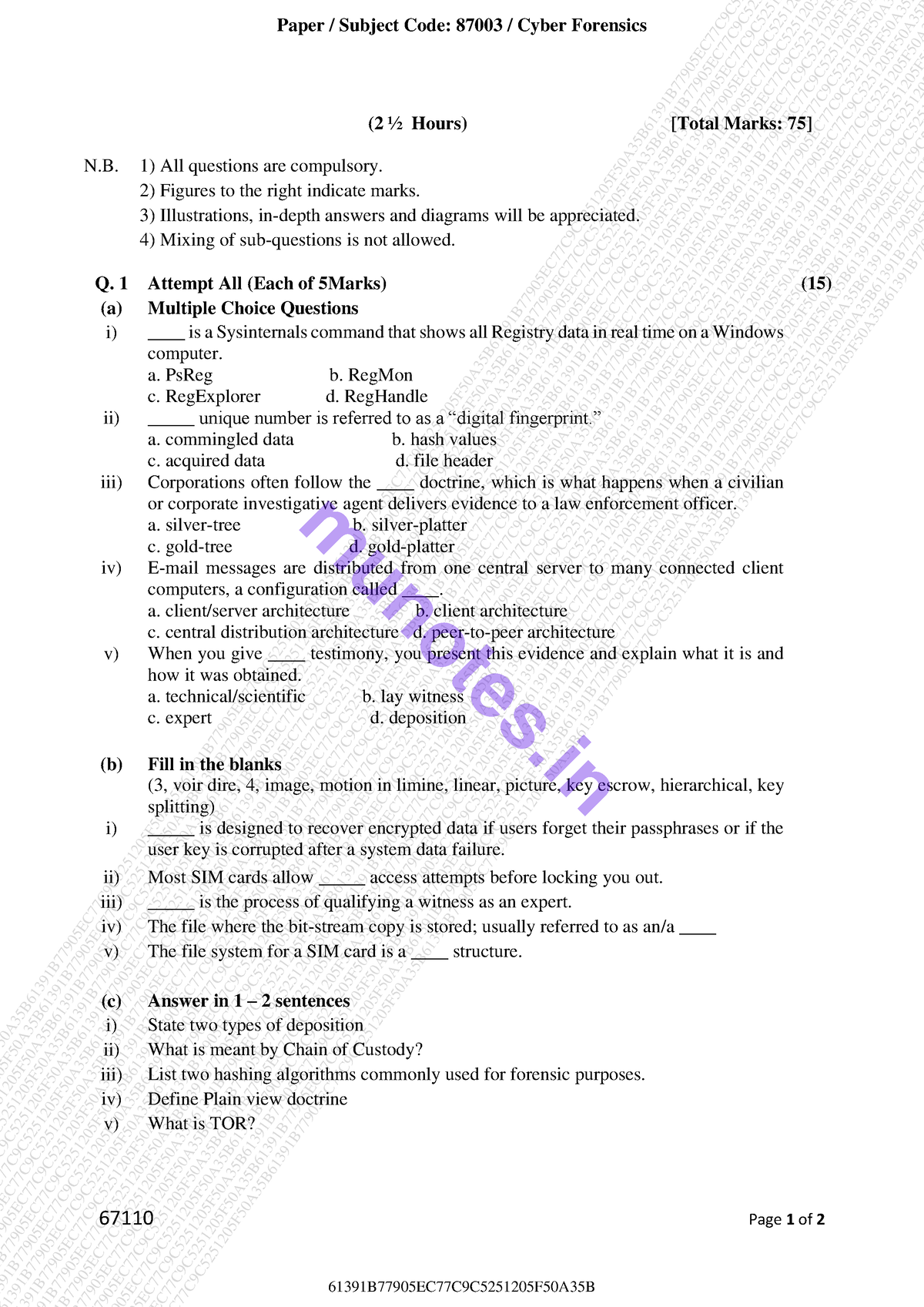 Cyber Forensics - Quetion - 67110 Page 1 Of 2 (2 ½ Hours) [Total Marks ...