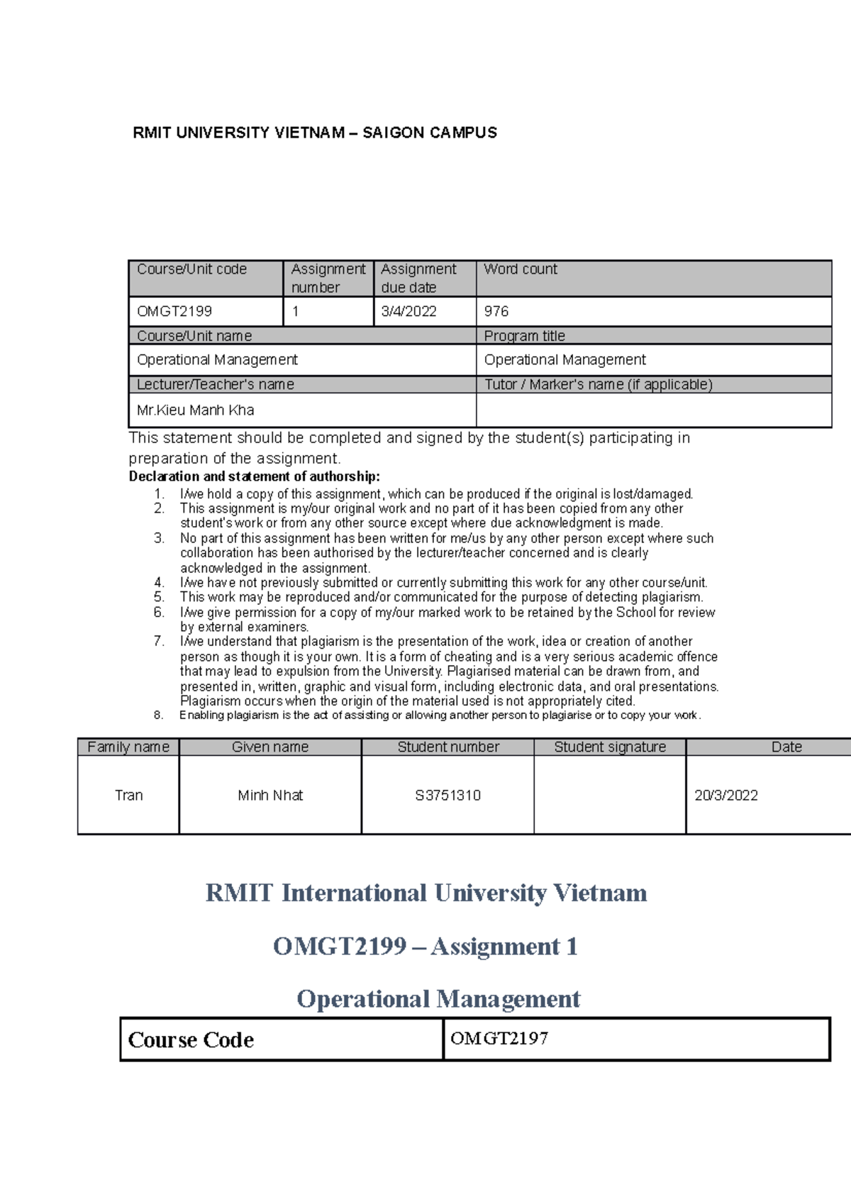 Operational Management - Assignment 1 - s3751310 - RMIT UNIVERSITY ...