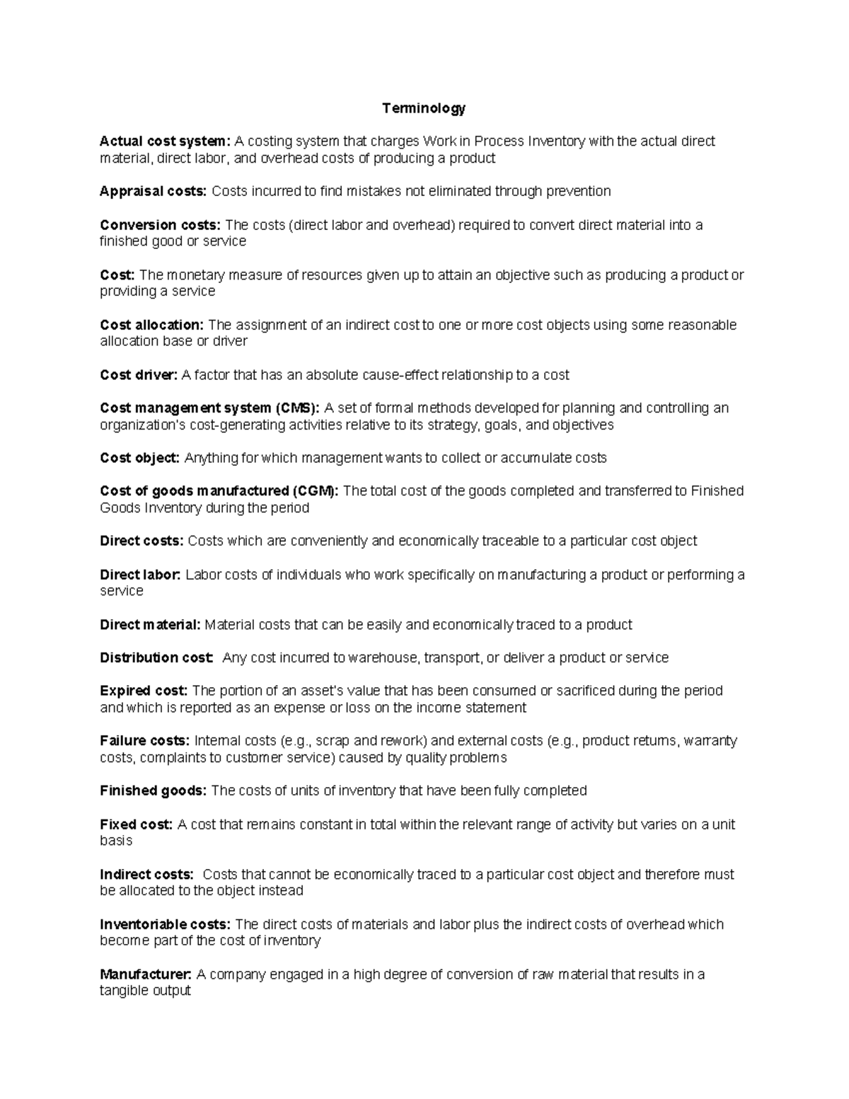 Costs-Terminology - cost accounting and control qe reviewer ...