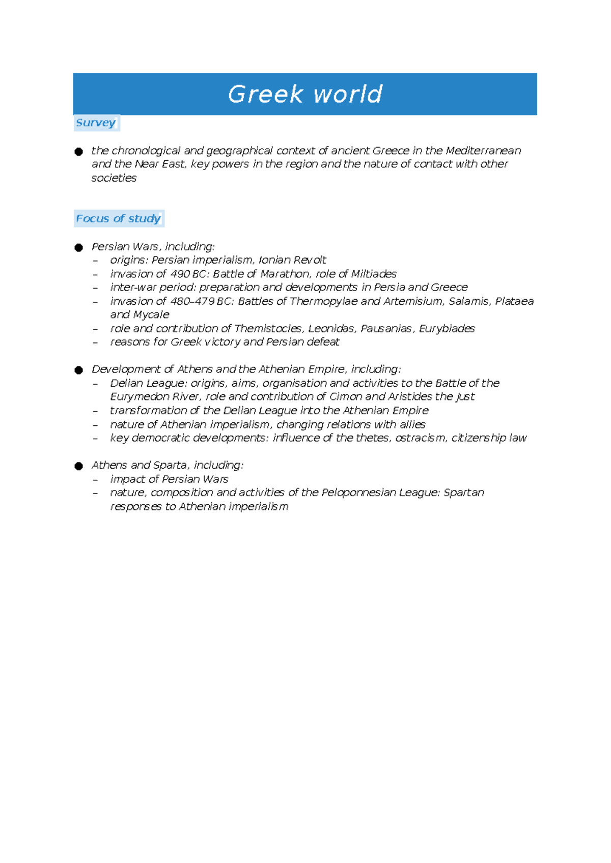 Greek world - study notes - Greek world Survey the chronological and ...