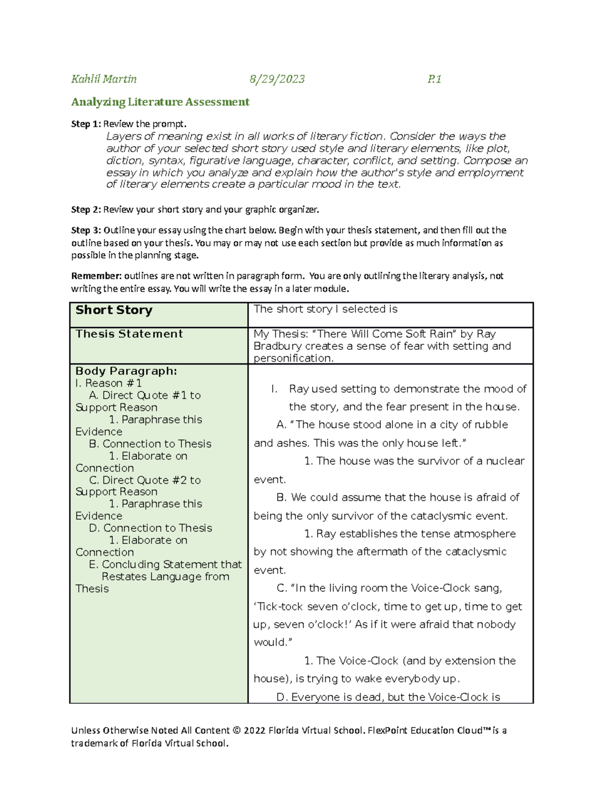 Analyzing literature assess rubric - Kahlil Martin 8/29/2023 P ...