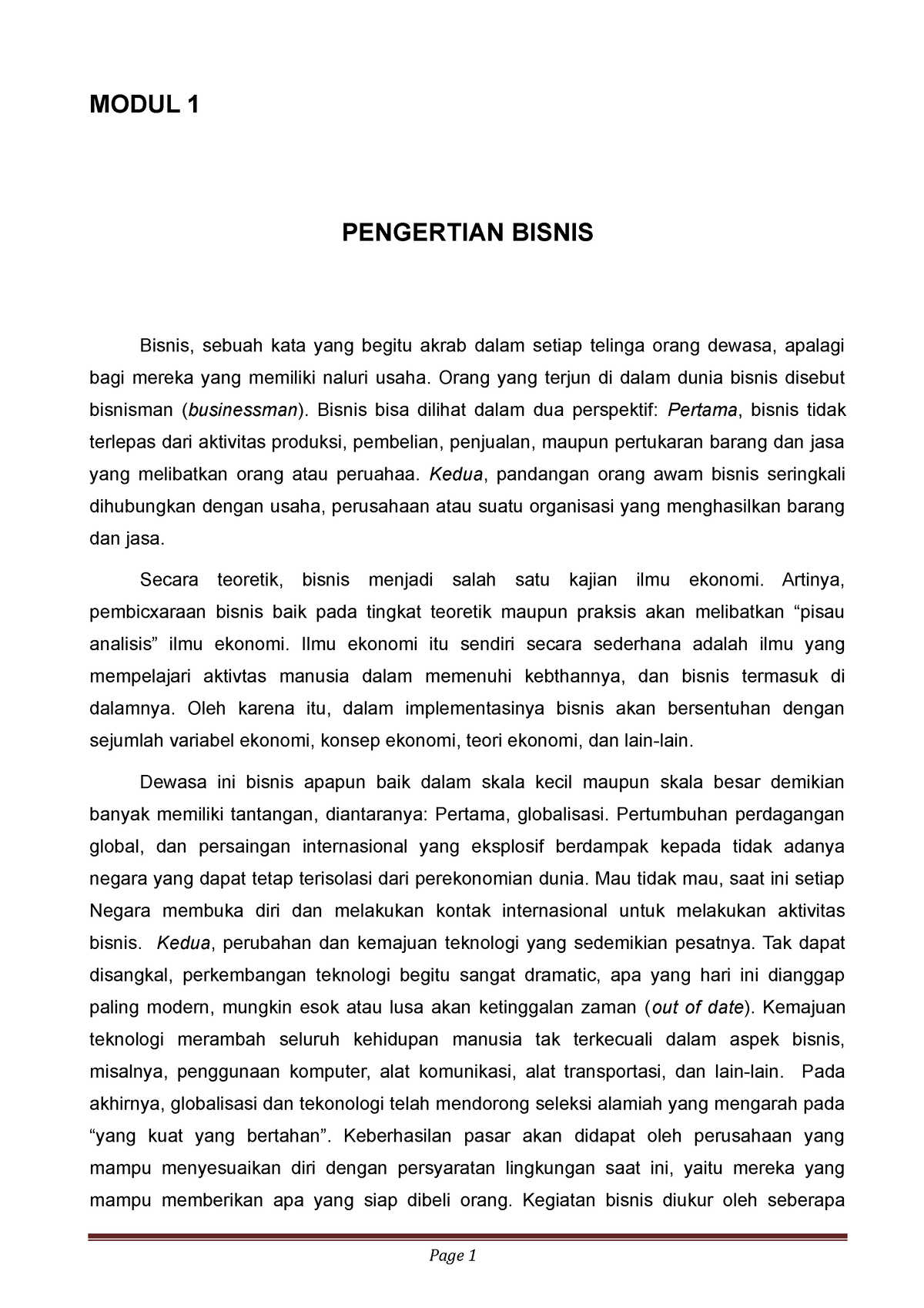 Modul 1 - Akuntansi - MODUL 1 PENGERTIAN BISNIS Bisnis, Sebuah Kata ...