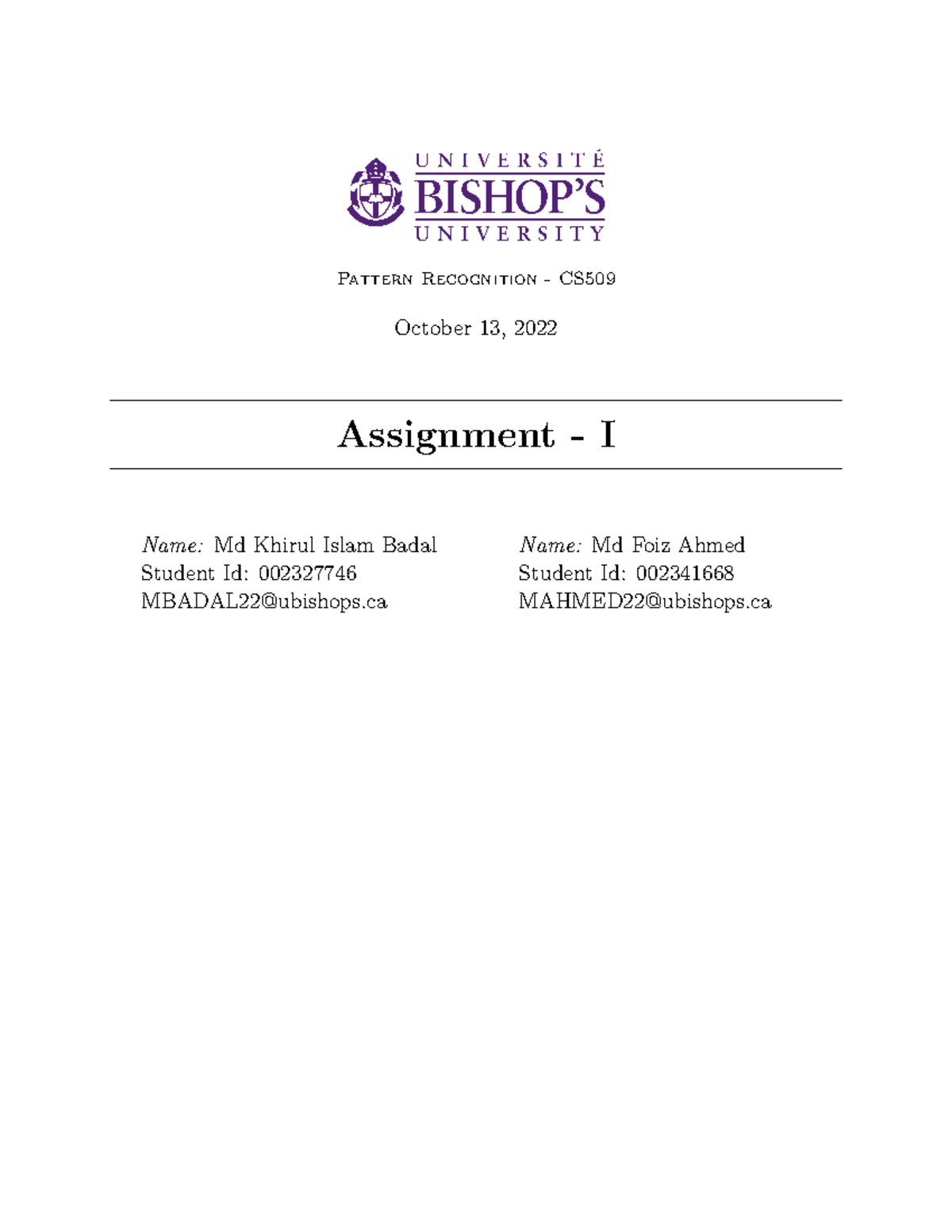 CS509 Assignment I - Pattern Recognition - CS October 13, 2022 ...