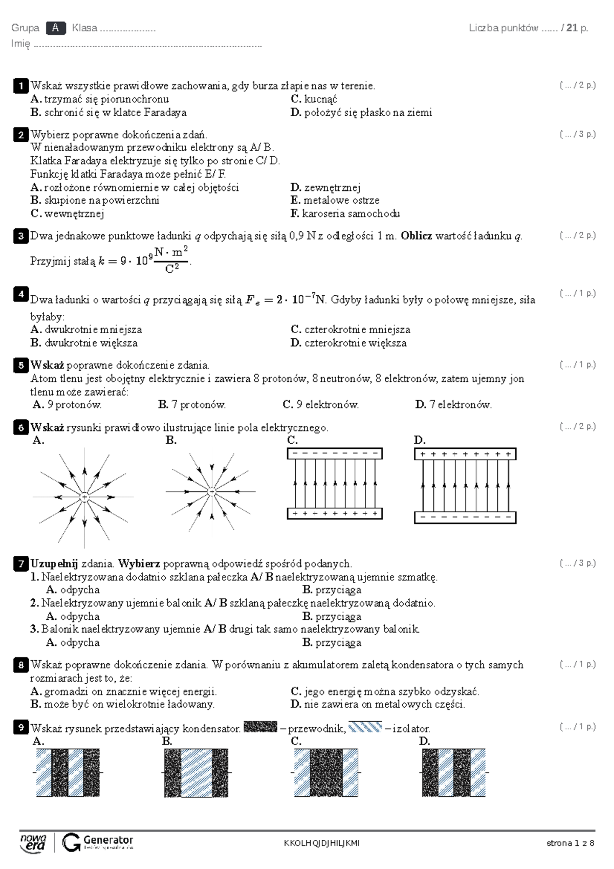 Sprawdzian Fizyka Elektrostatyka 2 Gimnazjum A www.studocu.com