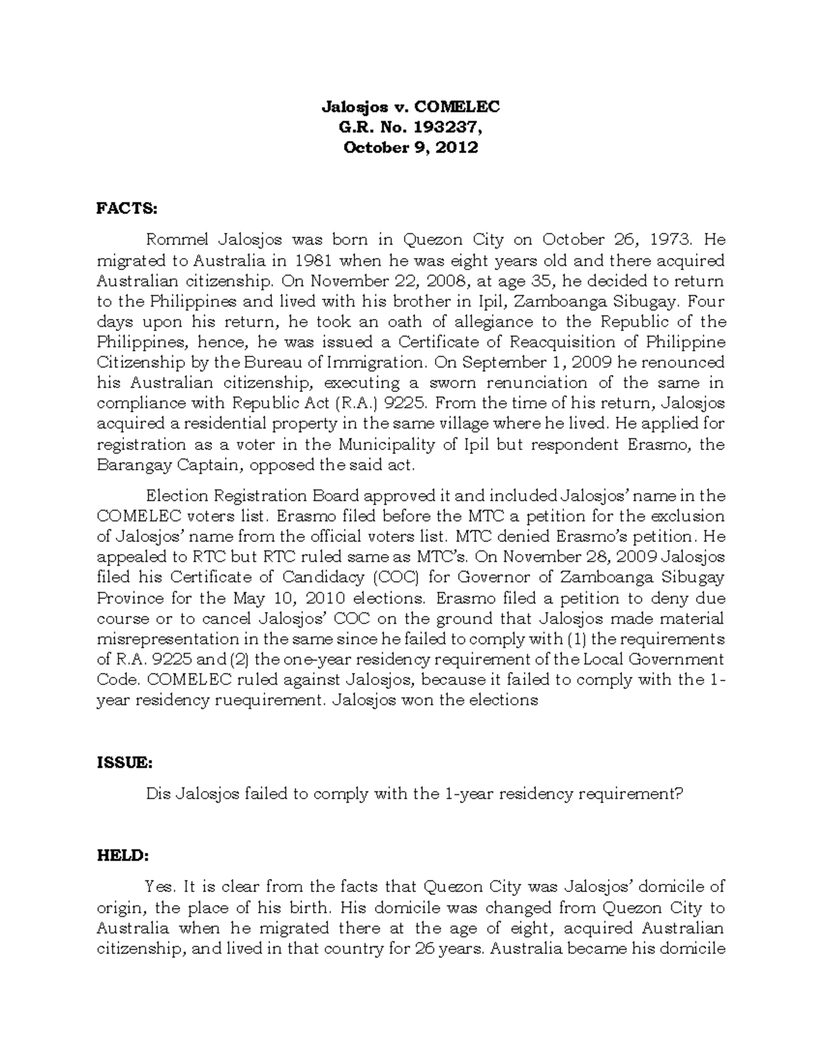 Jalosjos V Comelec G.R. No. 193237, October 9, 2012 Case Digest ...