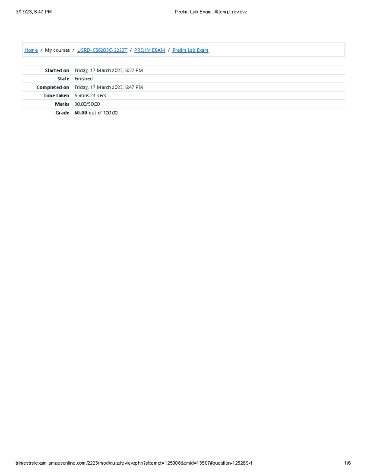 Prelim Lab Exam Attempt review - Home / My courses / UGRD-CS6203C-2223T ...