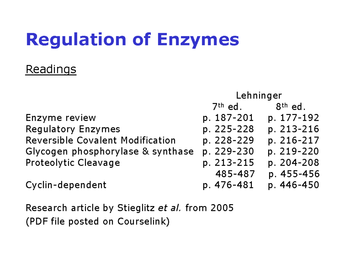 BIOC 3560 B Enzyme reg full Regulation of Enzymes Readings