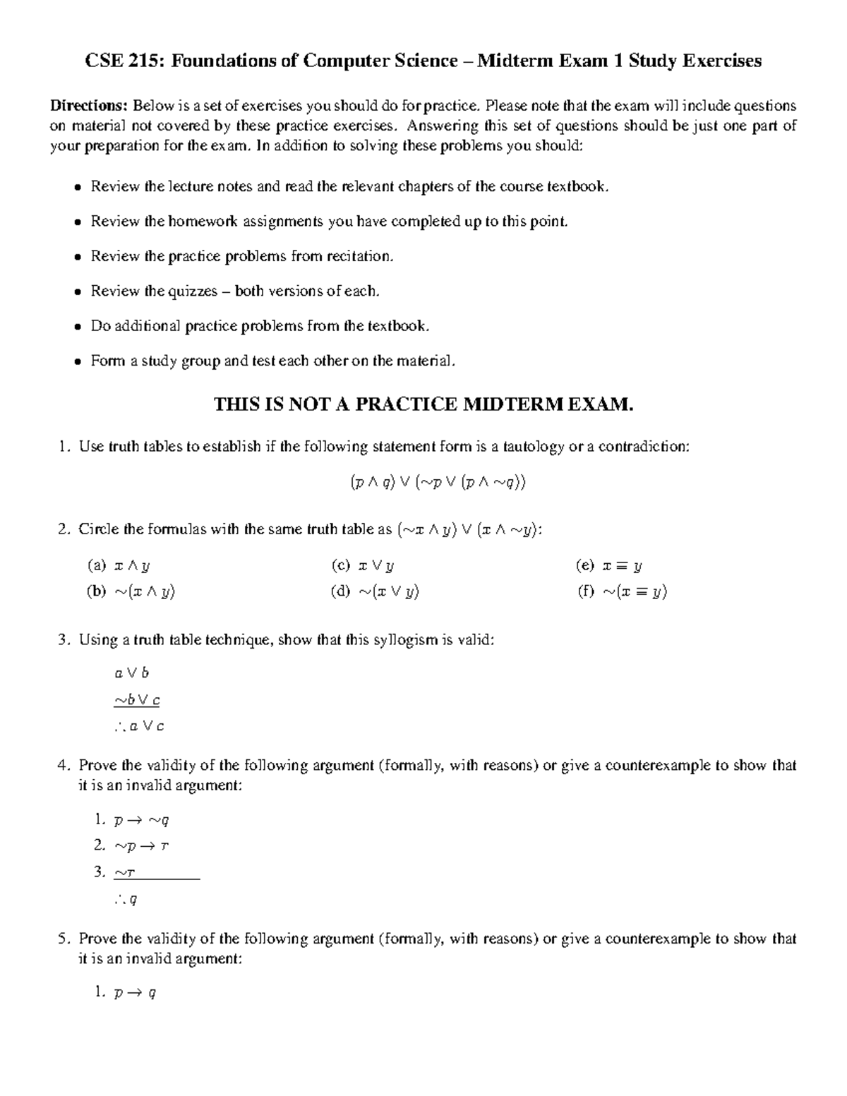 CSE215 Midterm 1 Study Exercises Questions - CSE 215: Foundations Of ...