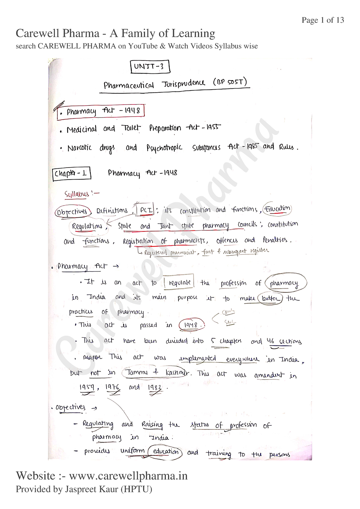 Unit 3 P Jurisprudence Pharmacy Act 1948 Carewell Pharma - UNTT ...