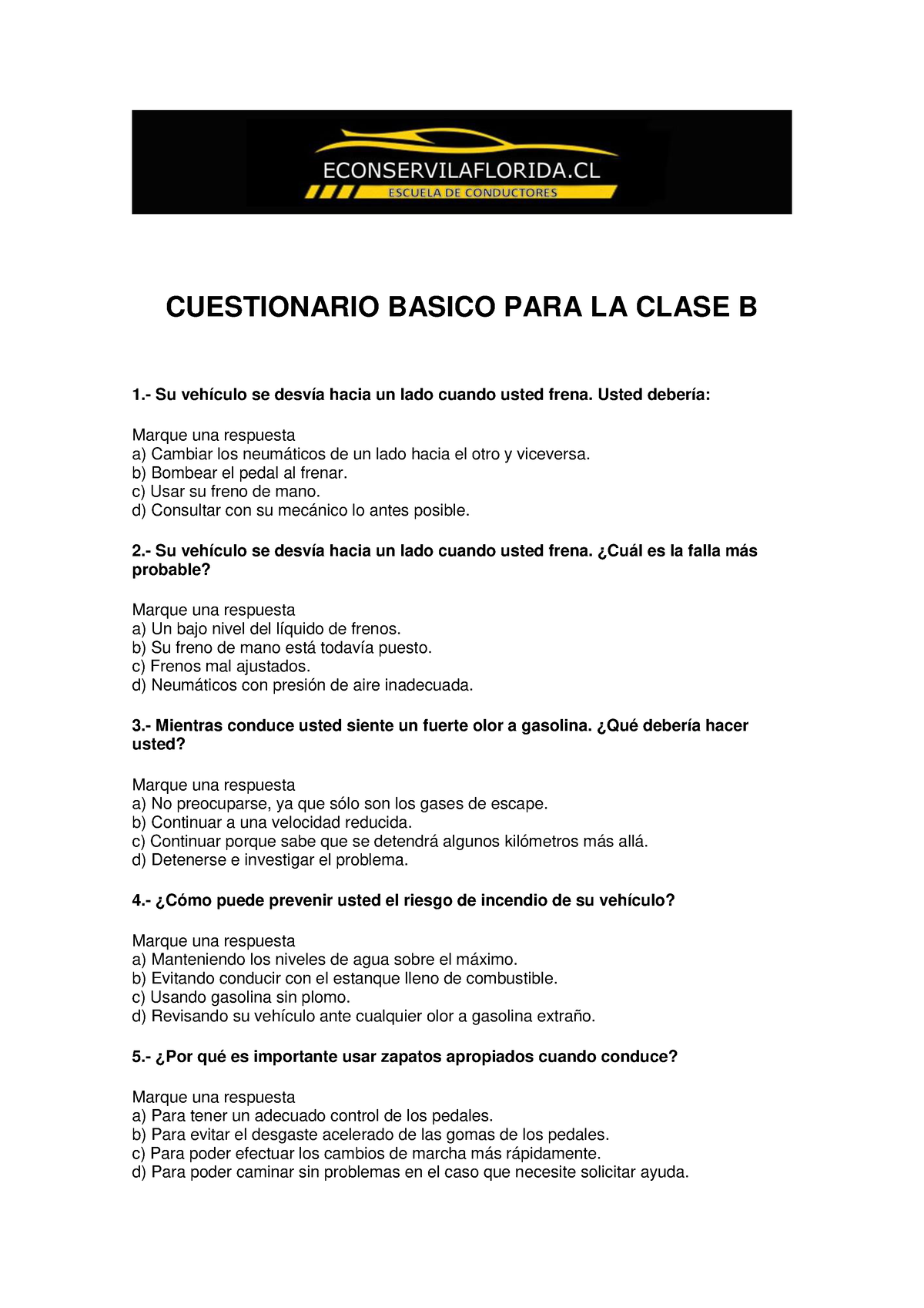 Cuestionario Basico PARA LA Clase B - CUESTIONARIO BASICO PARA LA CLASE ...