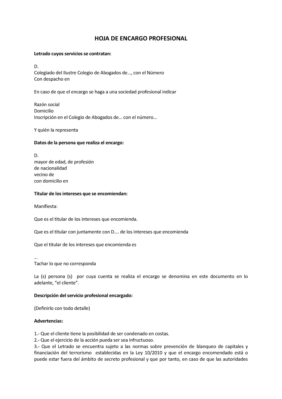 Hojade Encargo Profesional De Abogado Hoja De Encargo Profesional Letrado Cuyos Servicios Se 1123